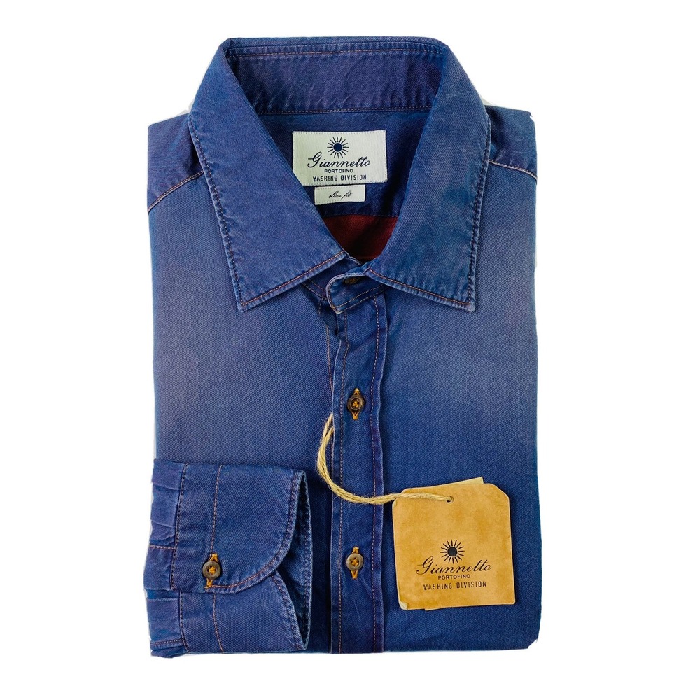 Giannetto Portofino Mens Slim Fit Faded Wash Button Front Shirt Purple Blue 16.5